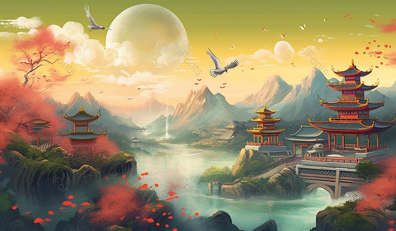 国潮中国风唯美清新高山流水古典古代建筑楼阁,插画/手绘图,插画/手绘图库,插画/手绘图下载,插画/手绘